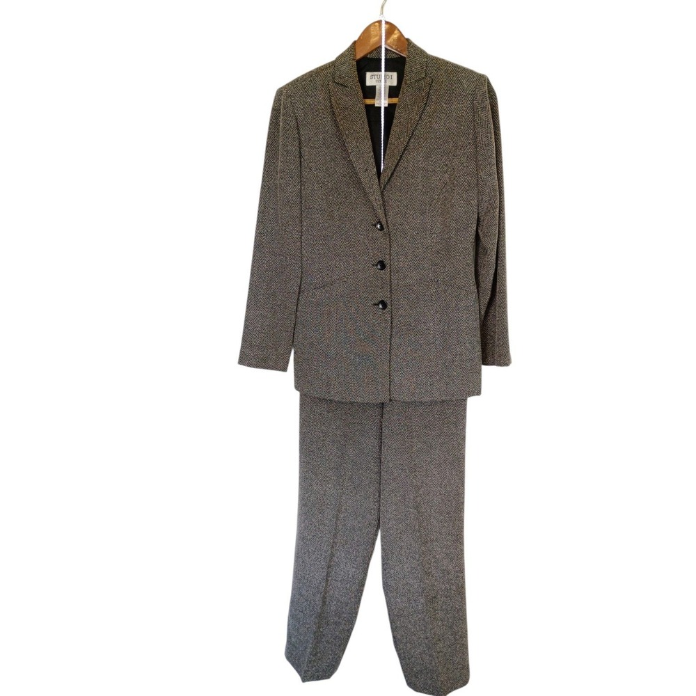 Vintage Studio I Grey Herringbone Two Piece Pant Suit Blazer & Trousers Set 10P